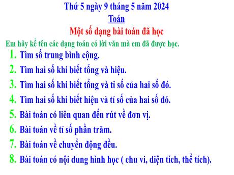 Bài giảng Địa lí Lớp 5 - Bài: Một số dạng bài toán đã học - Năm học 2023-2024 - Hoàng Thị Huệ