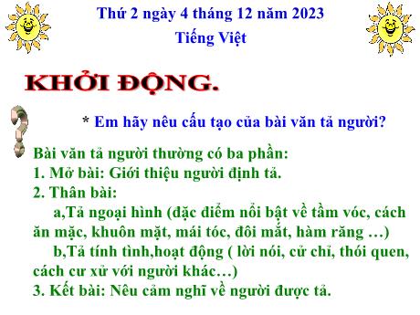 Bài giảng Tiếng Việt Lớp 5 - Bài: Luyện tập tả người (Tả ngoại hình) - Năm học 2023-2024